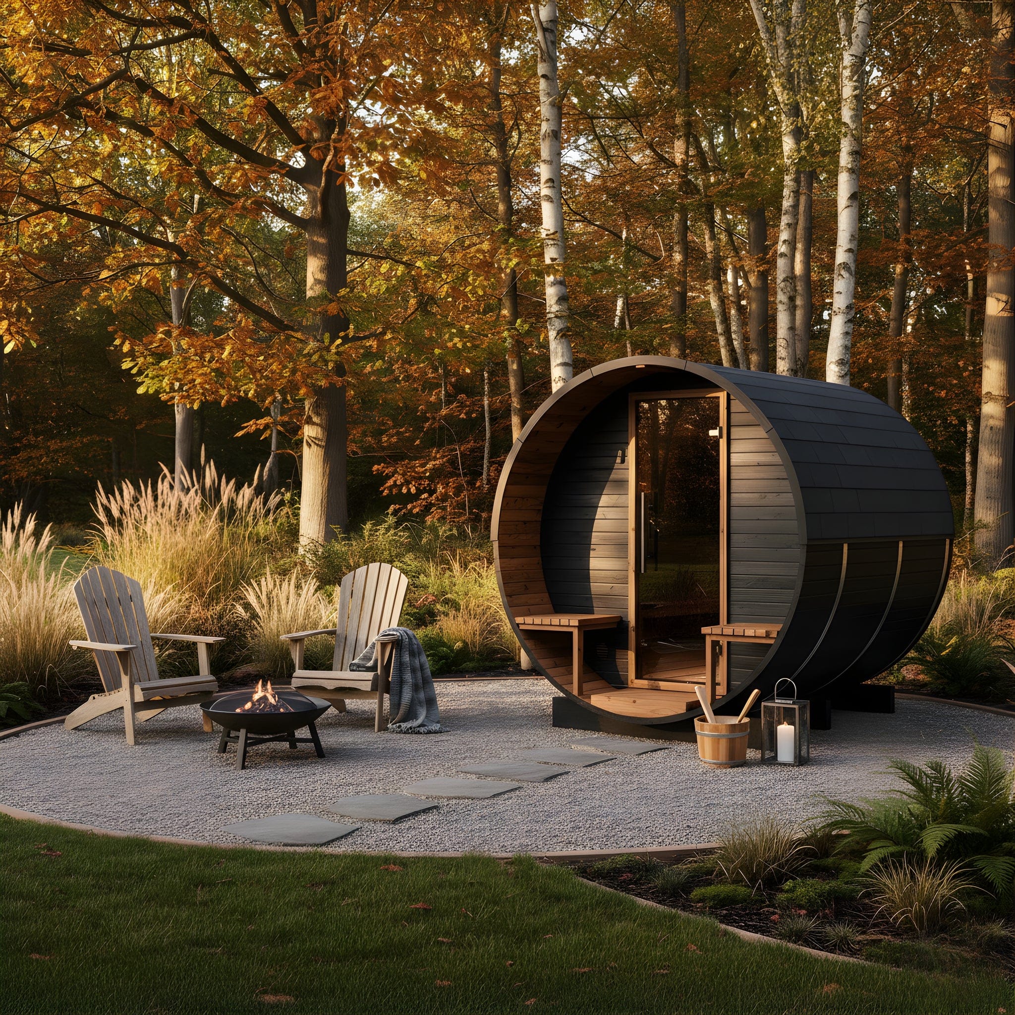 Medium Wood Barrel Sauna with Relaxation Terrace (2-4 Person) in Black