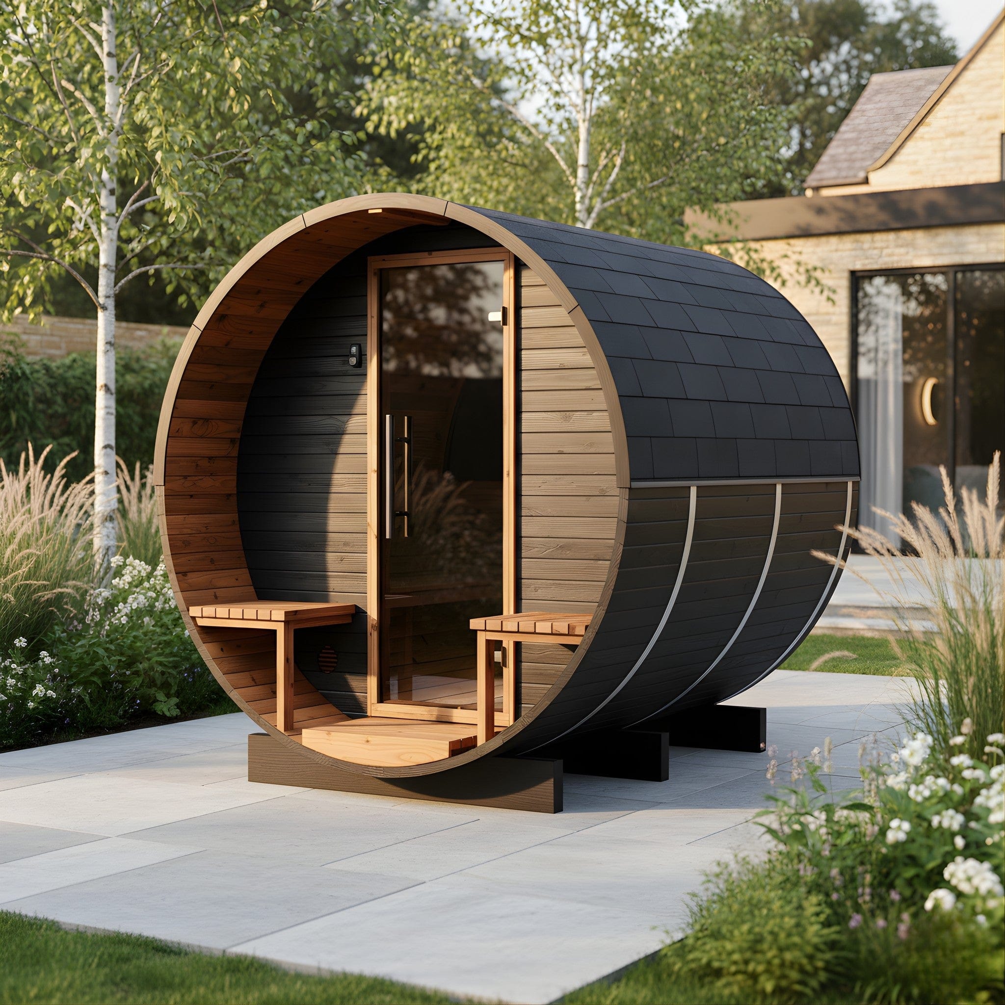 Medium Wood Barrel Sauna with Relaxation Terrace (2-4 Person) in Black