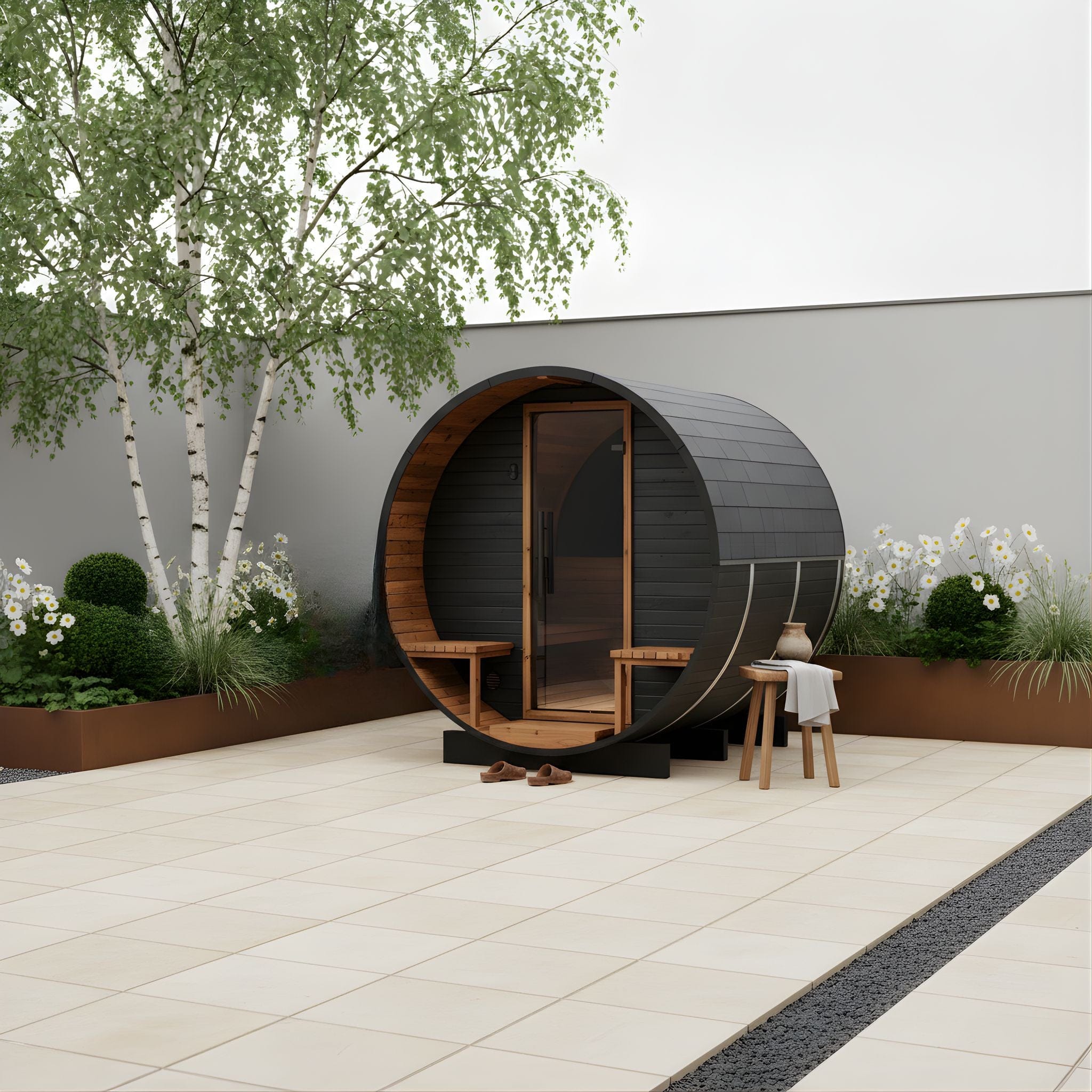 Medium Wood Barrel Sauna with Relaxation Terrace (2-4 Person) in Black
