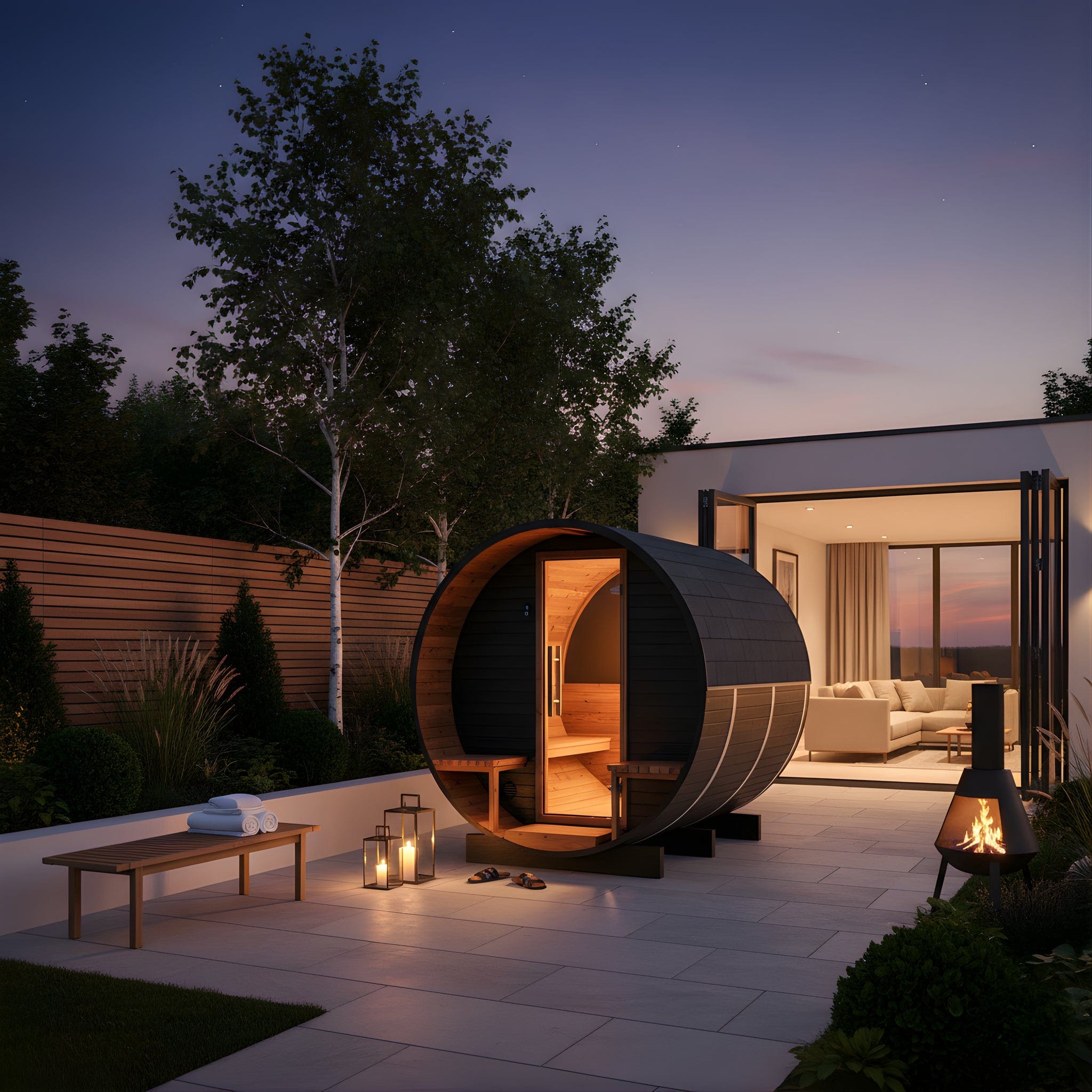 Medium Wood Barrel Sauna with Relaxation Terrace (2-4 Person) in Black