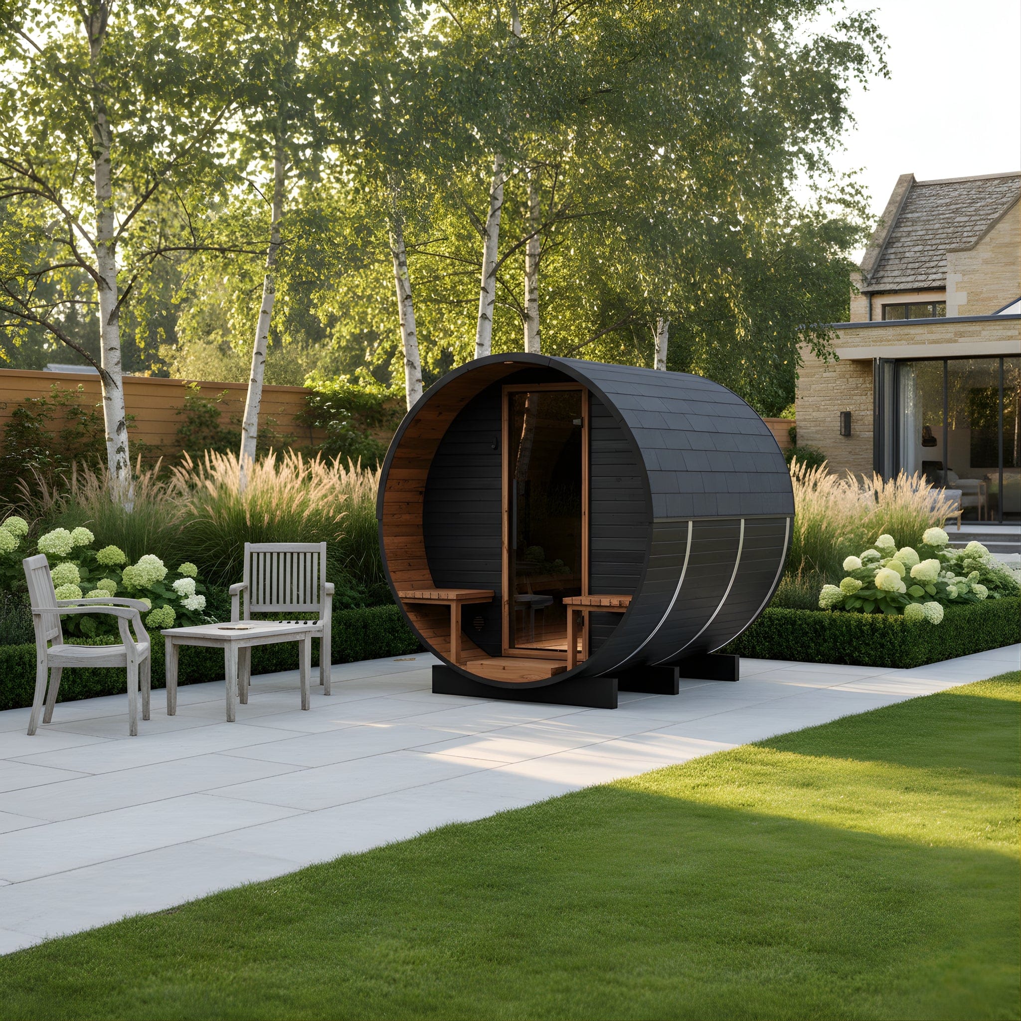 Medium Wood Barrel Sauna with Relaxation Terrace (2-4 Person) in Black