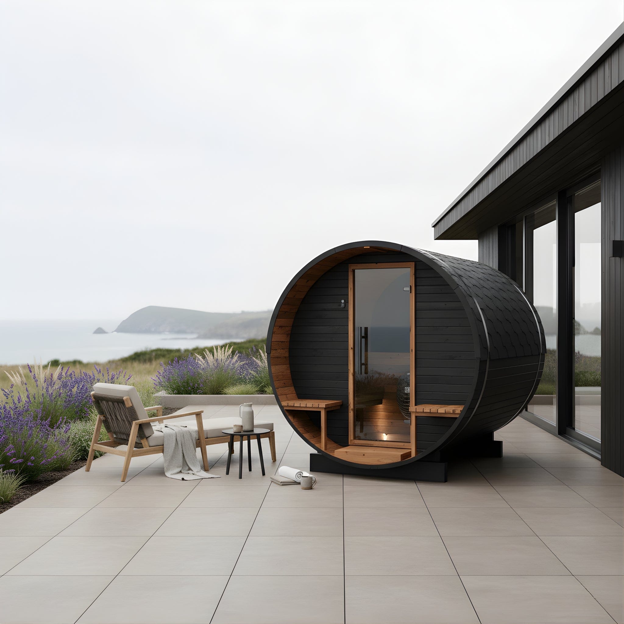 Medium Wood Barrel Sauna with Relaxation Terrace (2-4 Person) in Black